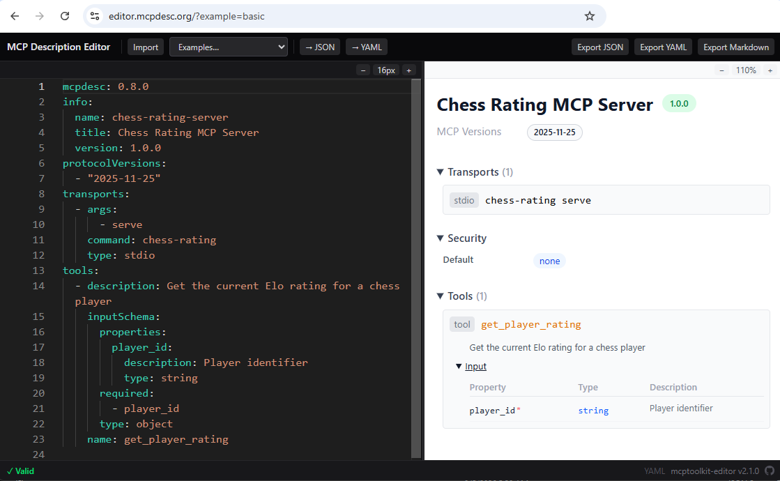 The Live MCP Description Editor showing a YAML MCP Description on the left and an interactive cards preview on the right.